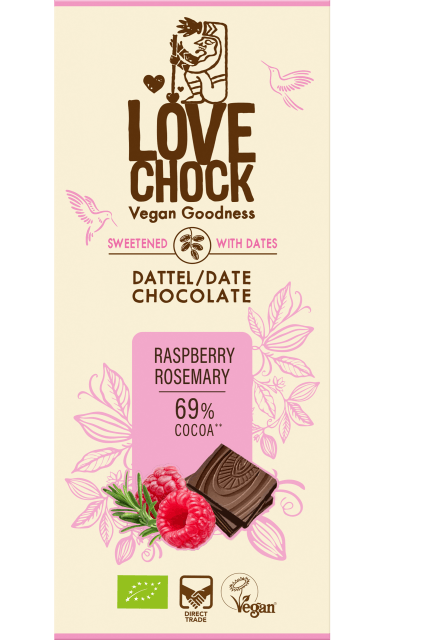 Tablete Chocolate s/açúcar Framboesa & Alecrim 69% cacau | Bio Vegan Direct Trade | 70gr