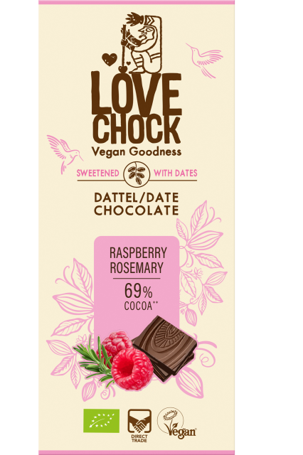 Tablete Chocolate s/açúcar Framboesa & Alecrim 69% cacau | Bio Vegan Direct Trade | 70gr