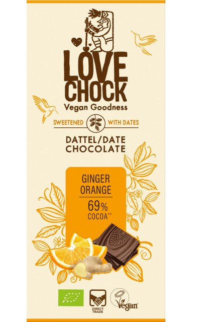 Tablete Chocolate s/açúcar Gengibre & Laranja 69% cacau | Bio Vegan Direct Trade | 70gr