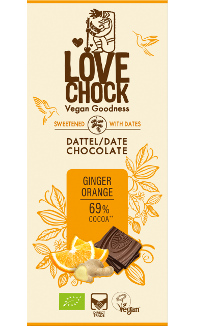 Tablete Chocolate s/açúcar Gengibre & Laranja 69% cacau | Bio Vegan Direct Trade | 70gr