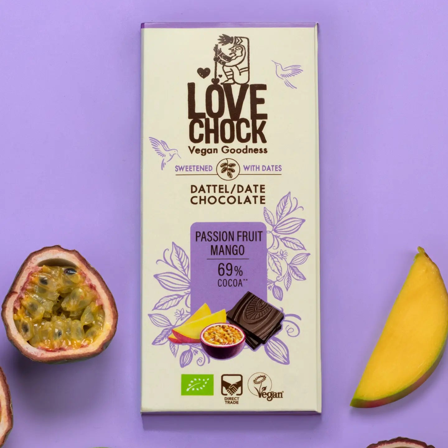 Tablete Chocolate s/açúcar Maracujá & Manga 69% cacau  | Bio Vegan Direct Trade | 70gr