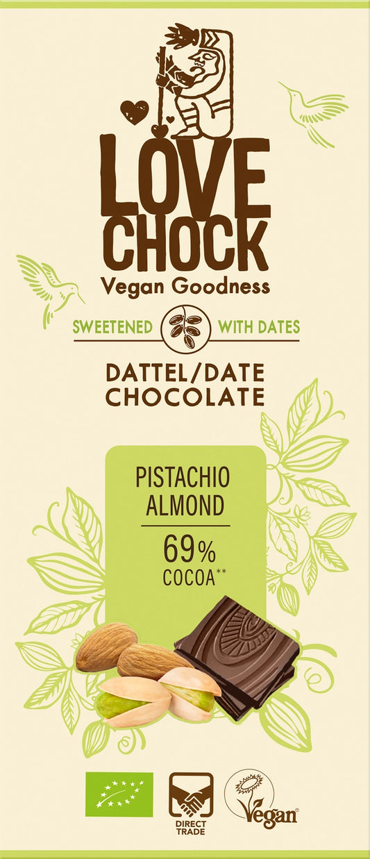Tablete Chocolate Pistácio & Amêndoa 69% cacau  | Bio Vegan Direct Trade | 70gr