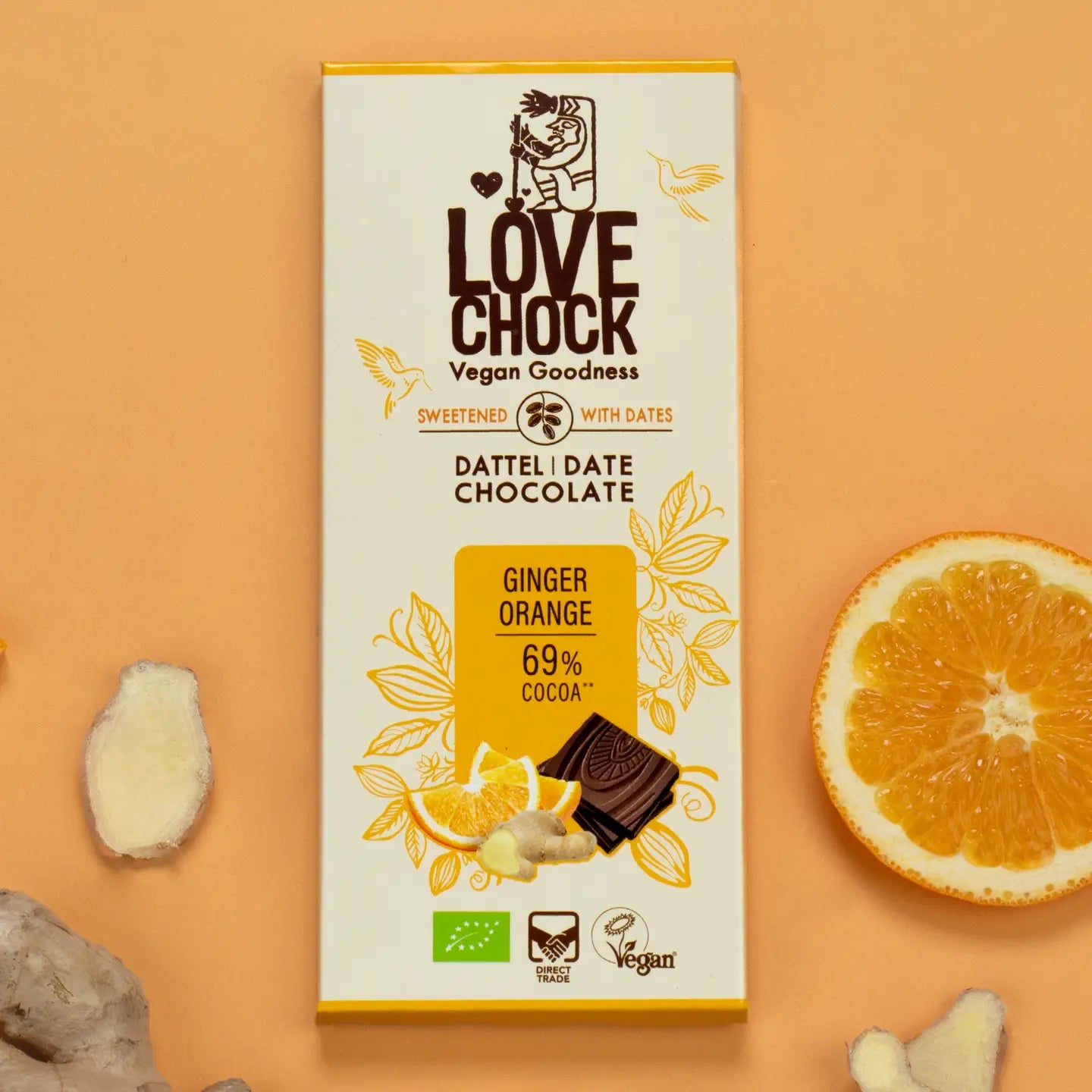 Tablete Chocolate s/açúcar Gengibre & Laranja 69% cacau  | Bio Vegan Direct Trade | 70gr