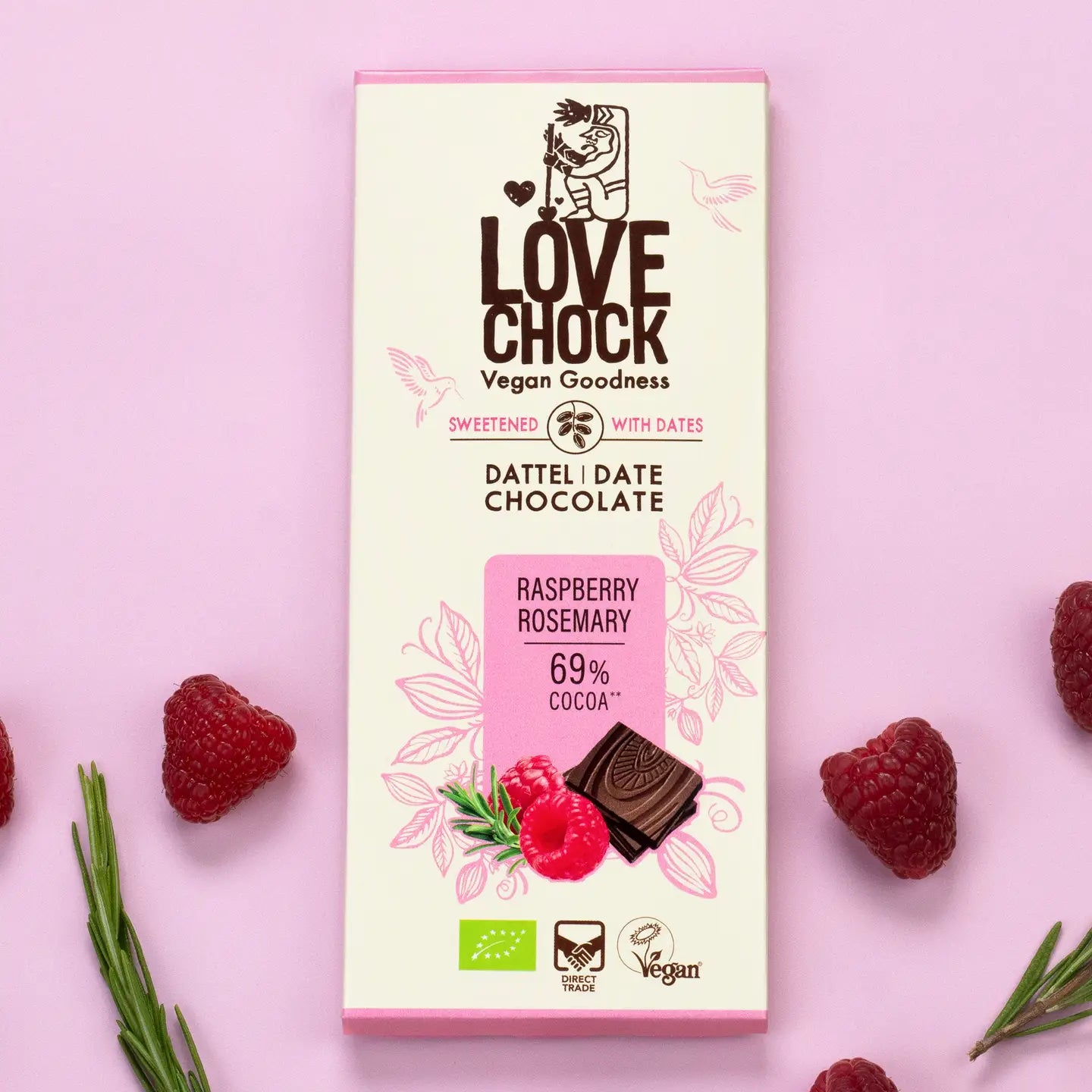 Tablete Chocolate s/açúcar Framboesa & Alecrim 69% cacau  | Bio Vegan Direct Trade | 70gr