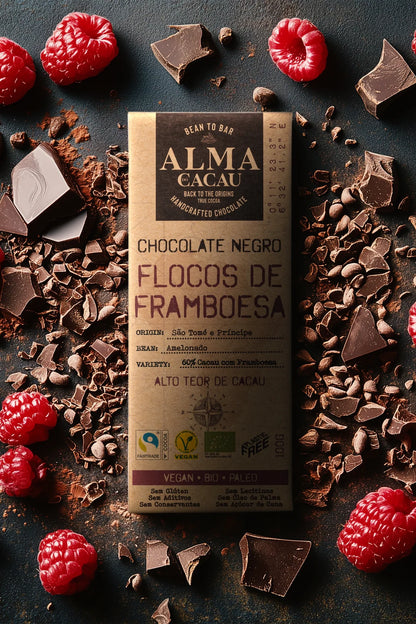 Tablete de Chocolate Negro Bio 100gr | 60% Cacau | Flocos de Framboesa