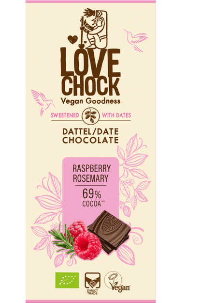 Tablete Chocolate s/açúcar Framboesa & Alecrim 69% cacau  | Bio Vegan Direct Trade | 70gr
