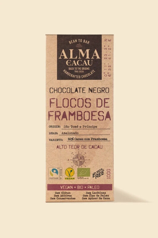 Tablete de Chocolate Negro Bio 100gr | 60% Cacau | Flocos de Framboesa