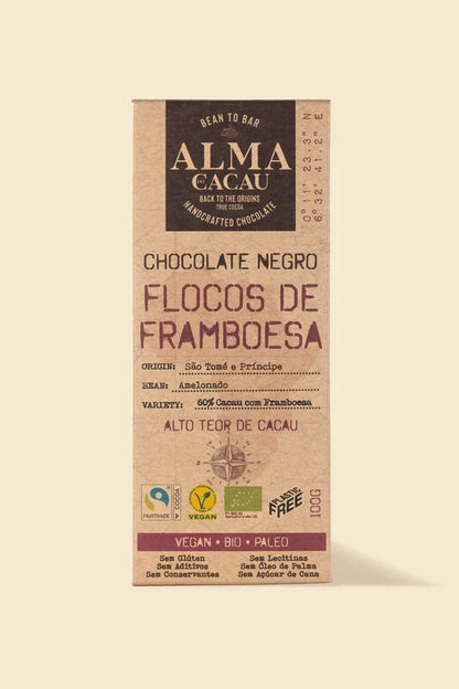 Tablete de Chocolate Negro Bio 100gr | 60% Cacau | Flocos de Framboesa